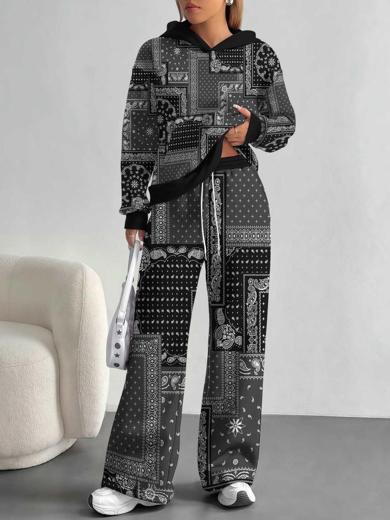 1116 European and American Autumn/Winter Casual Color Patchwork Long-Sleeve Set, Women's Hoodie and Long Pants Set