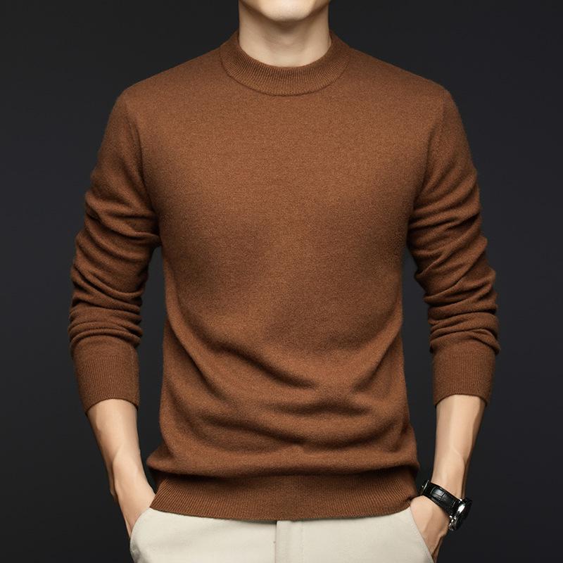 Winter 2025 Men's Cashmere Round Neck Sweater - Fashionable, Warm, Solid Color Base Layer