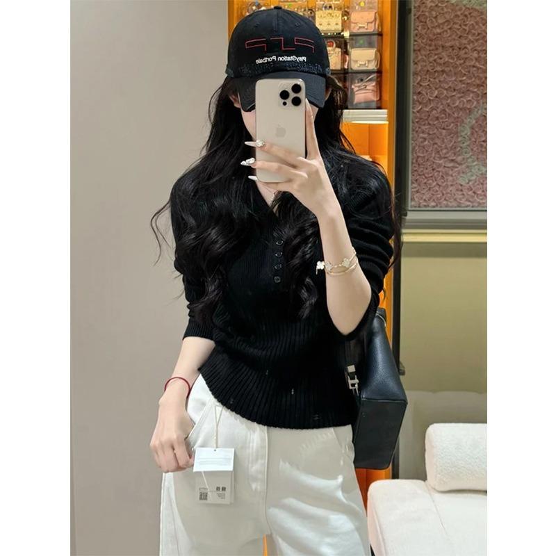 Spring new collar temperament simple versatile wool knitted sweater women's clothing slim-fitting and thin top