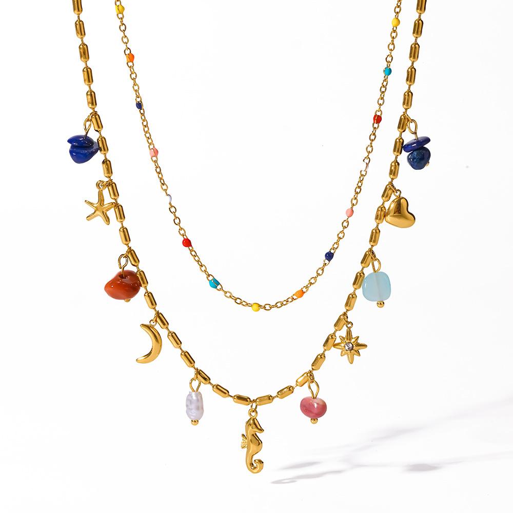 European and American holiday style stainless steel colored natural stone double-layer stacked necklace female seahorse starfish fringed pendant