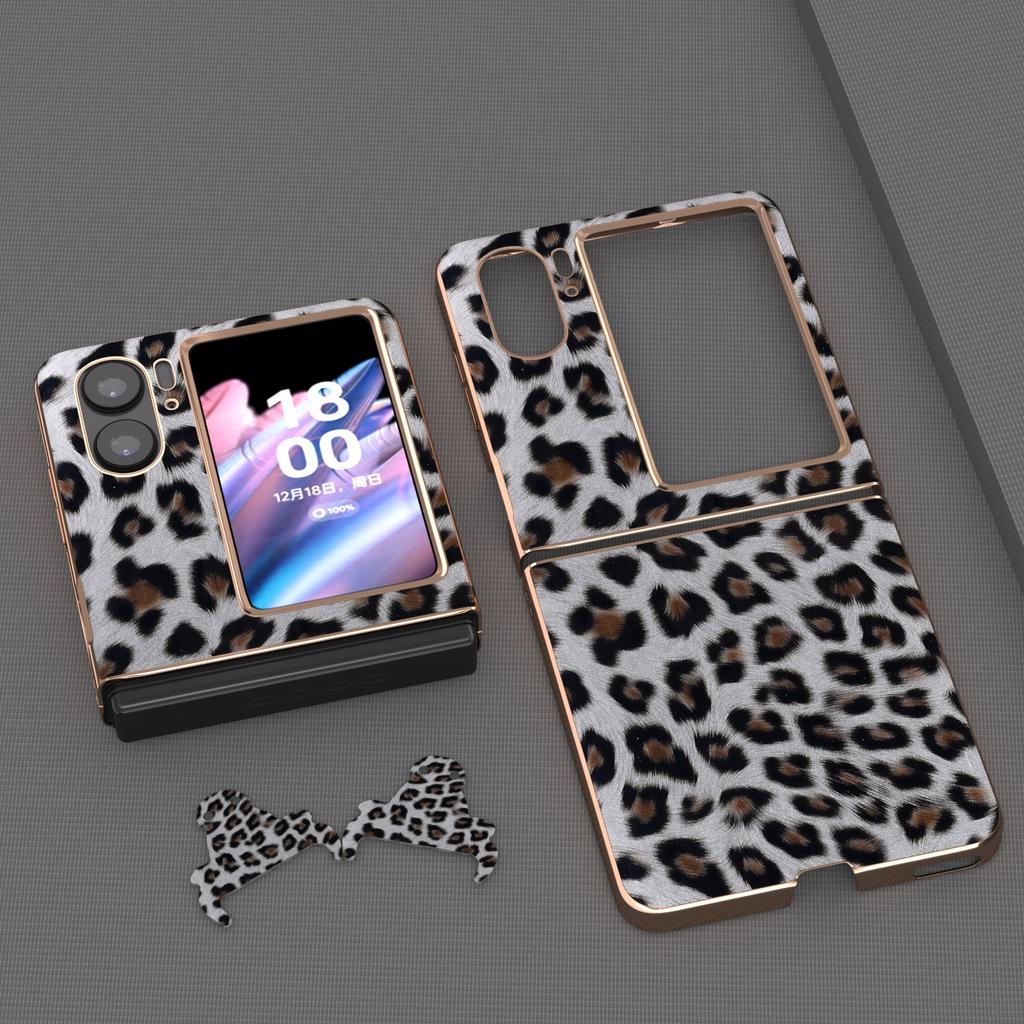 Electroplating Phone Case for Oppo Find N2 Flip 5G,Leopard Pattern Hard PC+PU Leather Phone Cover