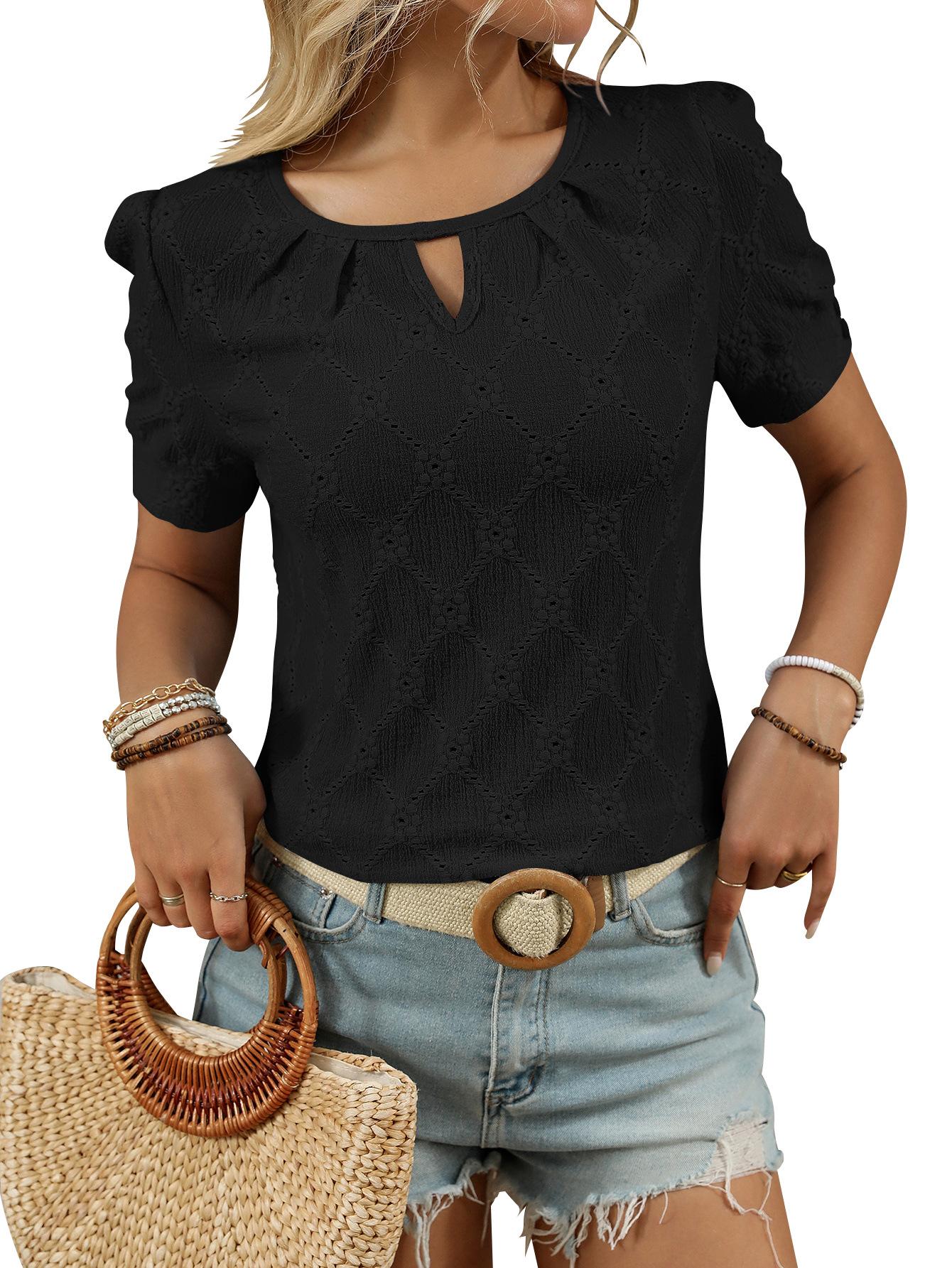 

Women s clothing European, American spring and summer new solid color round neck button-down short-sleeved T-shirt hollow top S чёрный