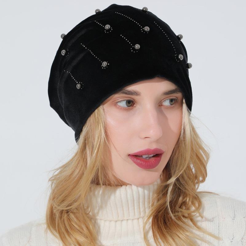 

Осенне-зимняя женская горячая толстовка с бриллиантами и бусинами, модная универсальная двухслойная флисовая теплая послеродовая шапка one size