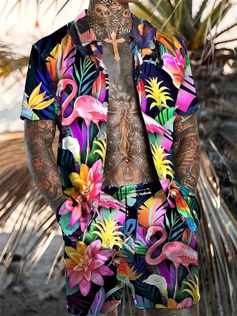 Men's New Hawaiian Short-Sleeved Shirt Shorts Set Summer Daily Travel Shirt Beach Casual Drawstring Shorts Jungle Print Set