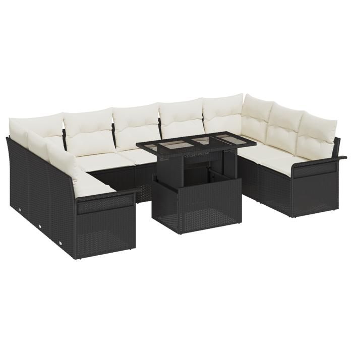 Ensemble de 10 Pièces de Canapés de Jardin avec Coussins Noir Poly Rattan, Canapé de Jardin 2 Places avec Rangement & 3357080