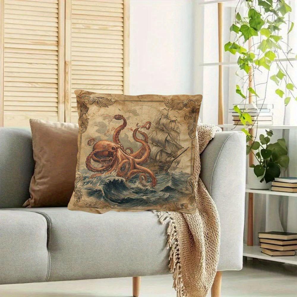 1Pc Octopus Kraken Attack Ship Pillow Cover, 18X18 Inch, Short Plush Decorative Cushion Case, Single-Sided Printing, Vintage Nau