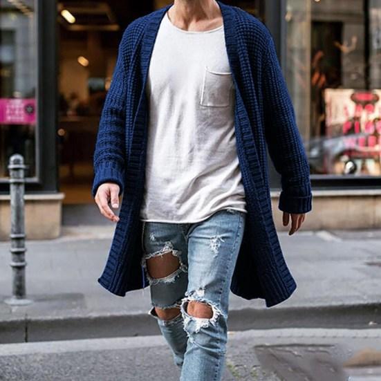 Men Sweater Cardigan Solid Color Long Sleeve Cold Proof Knitwear Autumn Winter Loose Mid Length Sweater Coat Streetwear