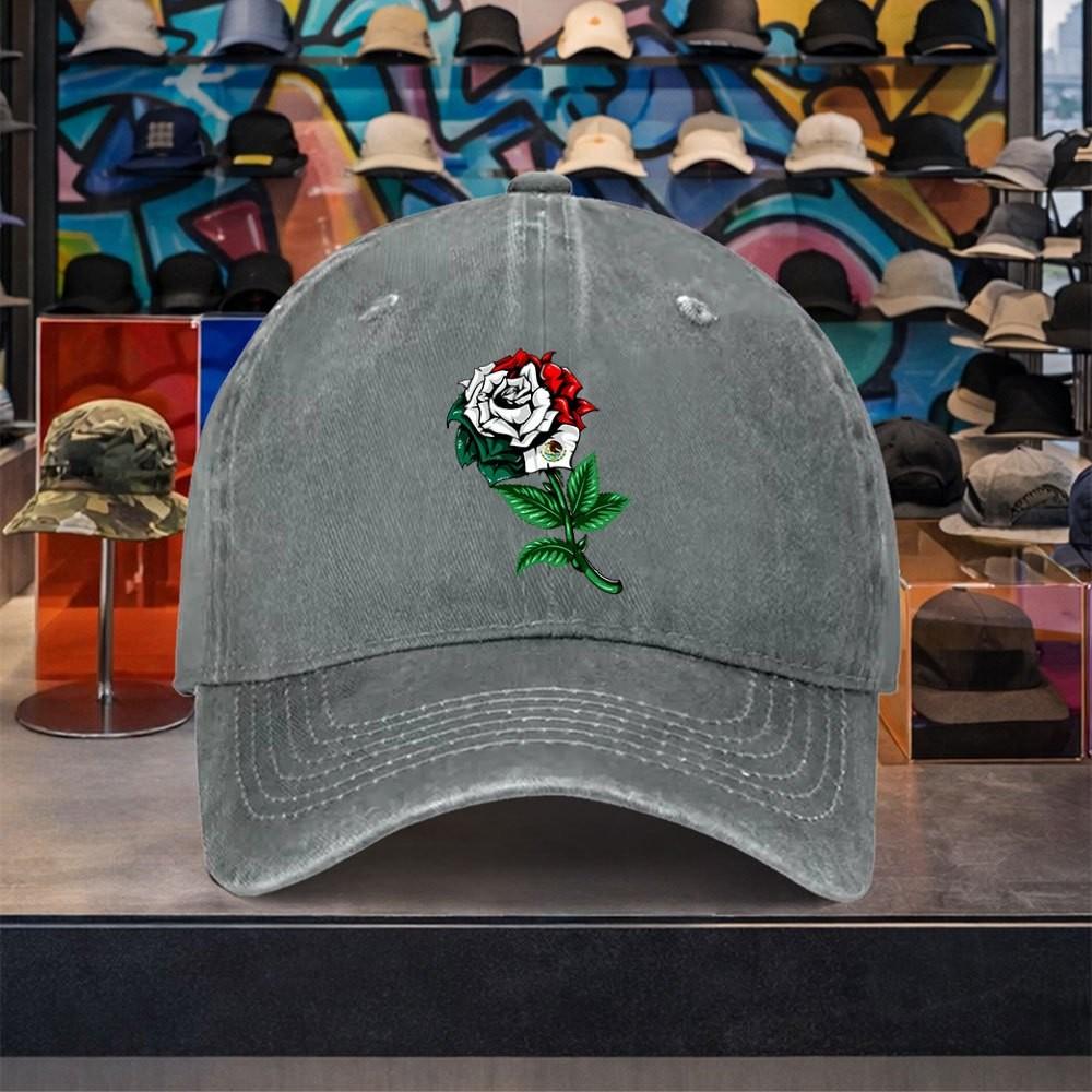 Mexican Flag Rose Washed Baseball Cap Cotton Adjustable Retro Streetwear Hat for Unisex
