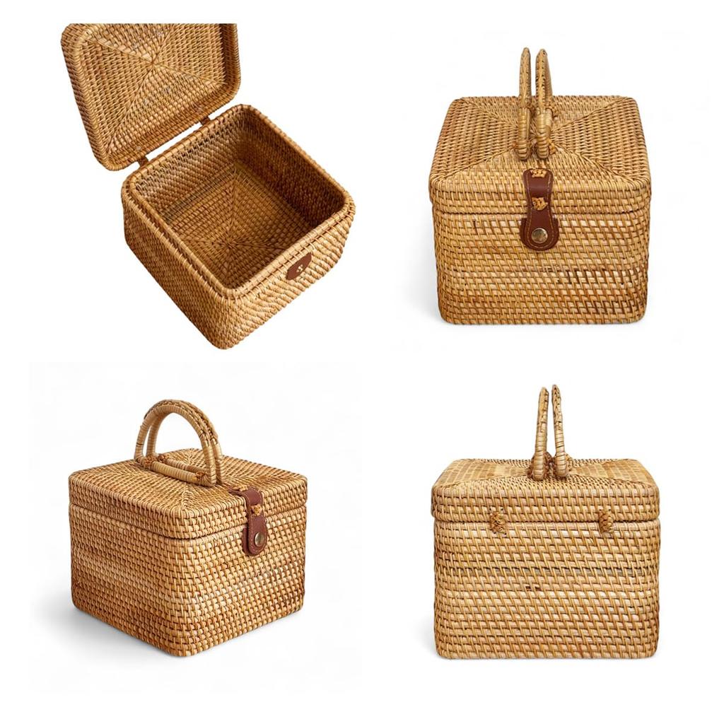 Rattan Basket with Lid, Picnic Basket, British Style, Square, Ata Bag, Storage Basket, Stylish Rattan Bag, Handmade in Vietnam, Natural Design,