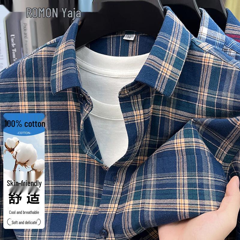 ROMON Men s Cotton Plaid Long-Sleeve Shirt 40