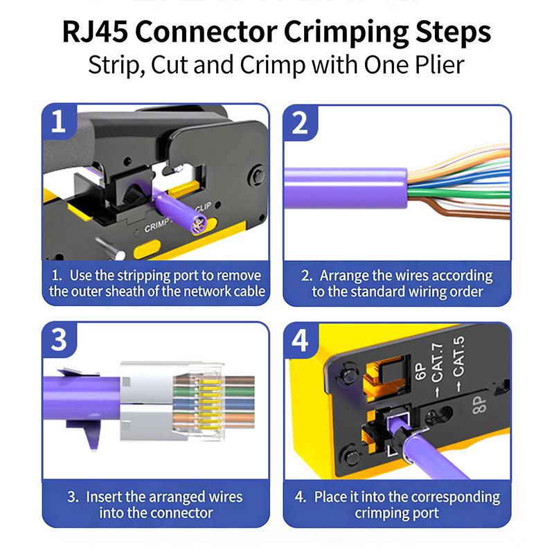 Pass Through Crimp Plier Cat7 Cat6 Cat6A Cat5 Cat5E Stripping Crimping Tool With 8P/6P Ethernet Connectors