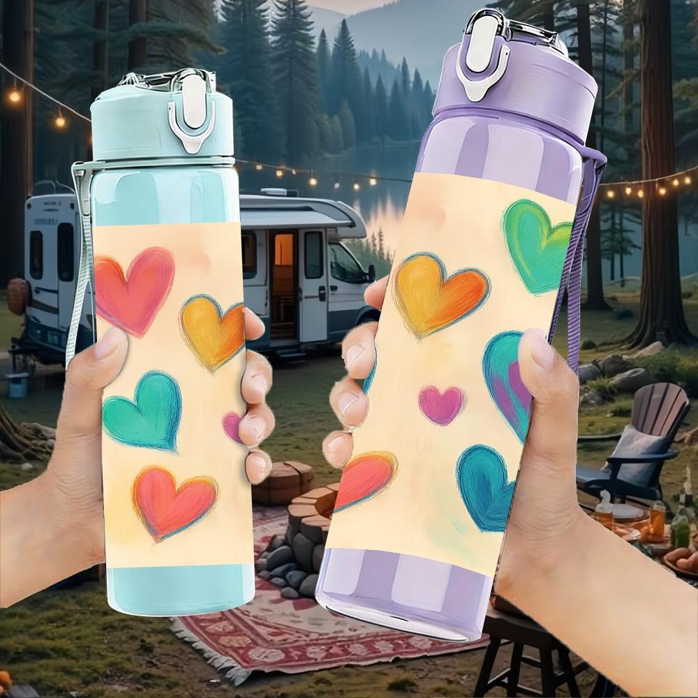 1PC Multicolored Hearts Pattern 750ml Color Plastic Sports Water Bottle Leakproof Flip Straw Lid Suitable for Sports Office Home Use