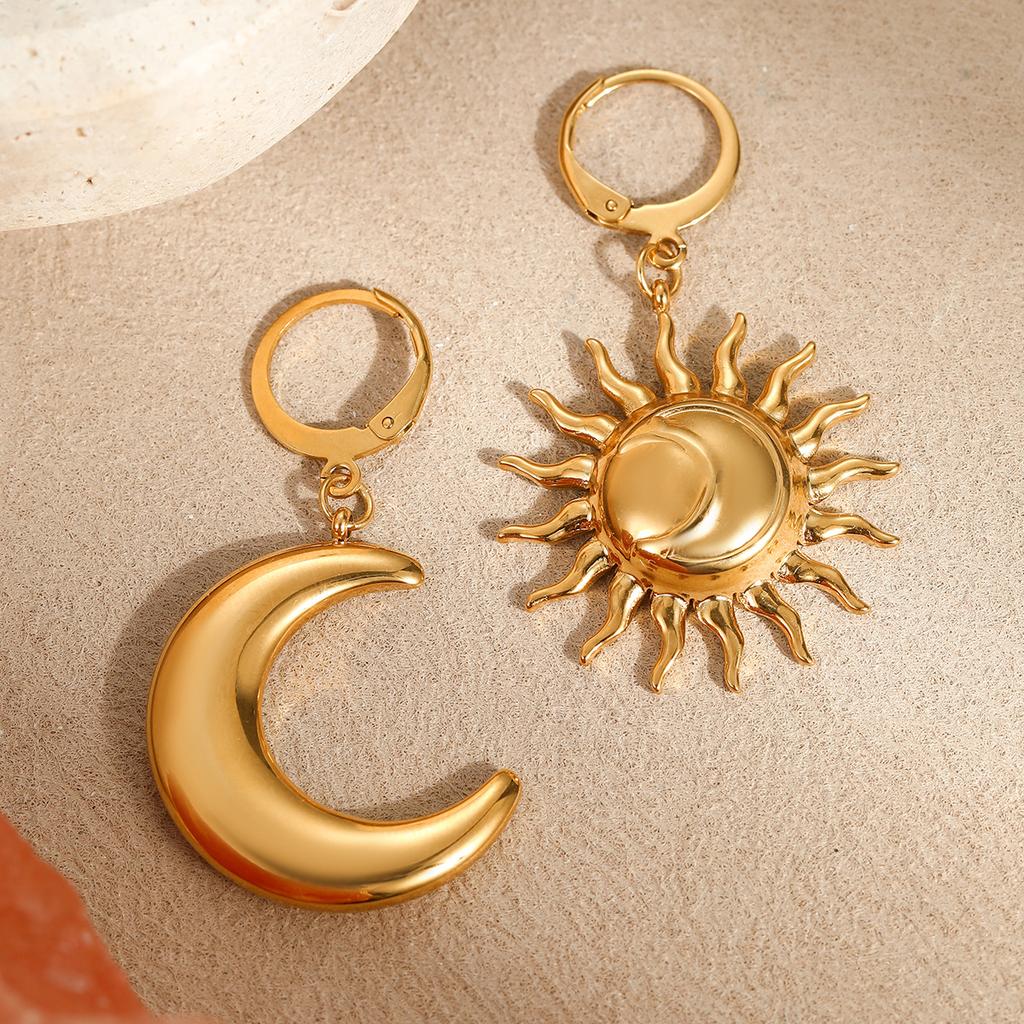Stainless Steel Geometric Moon And Sun Earrings For Women, French Retro High-End Jewelry Gift