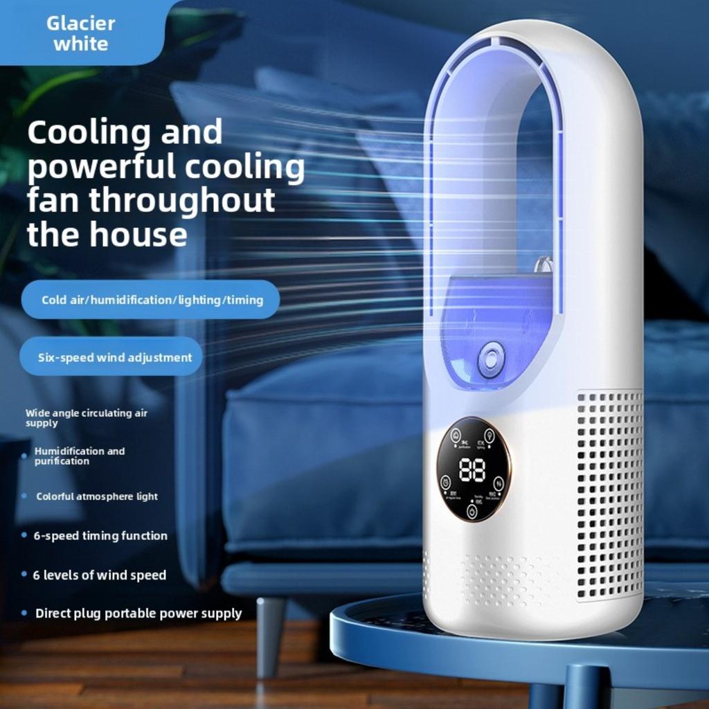 Ventilatore Portatile Aria Condizionata, Ventilatore a Torre USB, Ventilatore da Scrivania Senza Pale - Raffreddamento a Nebbia d'Acqua, Luce Ambientale LED a Sette Colori, Timer e Spegnimento Intelligente