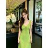 Green French floral lotus leaf summer suspender dress temperament pure desire style design high waist spring and summer slim dress