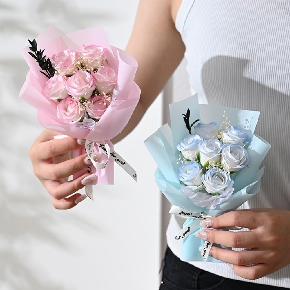 Fashion 7 Heads Rose Soap Flowers Mini Artificial Fake Plants Soap Flower Bouquet Wedding Birthday