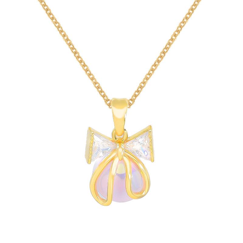 Wind Pearl Bow Necklace Women'S Simple High-End Collarbone Chain Same Accessories