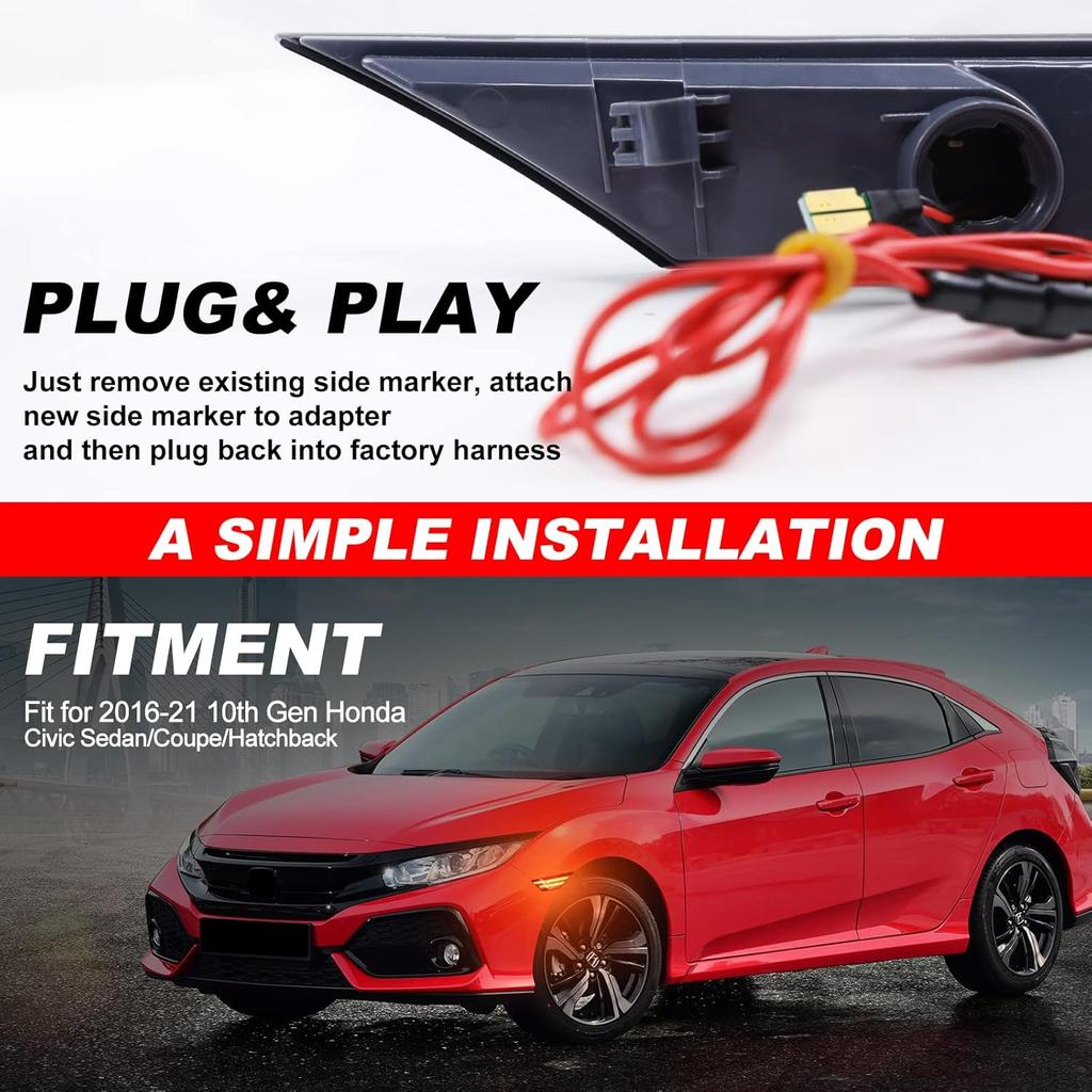 2 pièces Feux de clignotants JDM Lentille fumée ampoule LED complète ambre Blanc Feu de position latéral avant Compatible avec Honda Civic Sedan Coupe 10ème génération 2016-2021