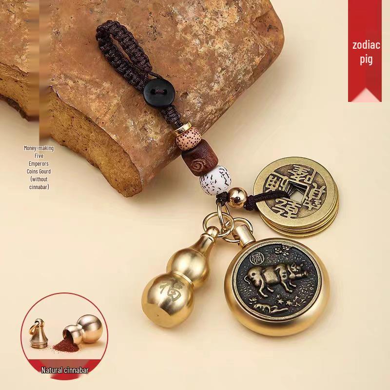 Reiner Messing Pixiu Kürbis Tierkreisanhänger mit Zinnobermünzen Schlüsselanhänger