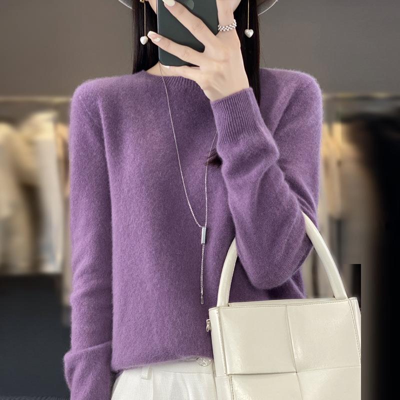 Women's Round Neck Wool Knit Sweater - Simple, Versatile, Long Sleeve Base Layer