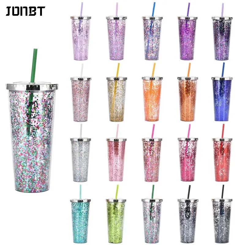 Taza de Plástico de Doble Capa de 24 oz con Purpurina Botella de Agua Portátil con Pajita Vasos Reutilizables de Plástico con Tapas Taza para Bebidas de Fiesta