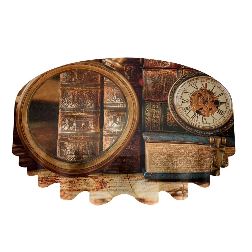 Clock Retro Map Book Round Table Cloth Festival Dining Waterproof Tablecloth Table Cover For Wedding Party Decor