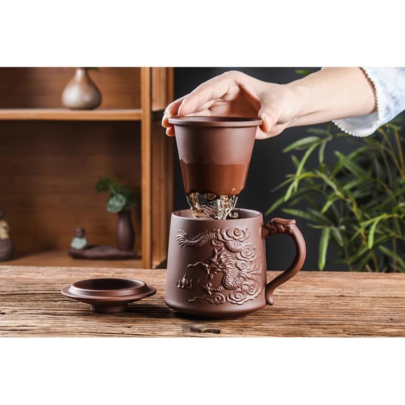 Retro Yixing Dragon Phenix Purple Clay Tea Mug with Lid and Infuser Handmade Ceramic Teacup Office Water Cup Gift Home Drinkware