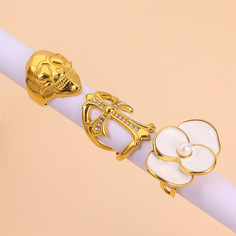 JUSNOVA Elegant 18K Gold Stainless Steel Gemstone Rings Size 7 White Zircon Cross Shape Flower Rings Set