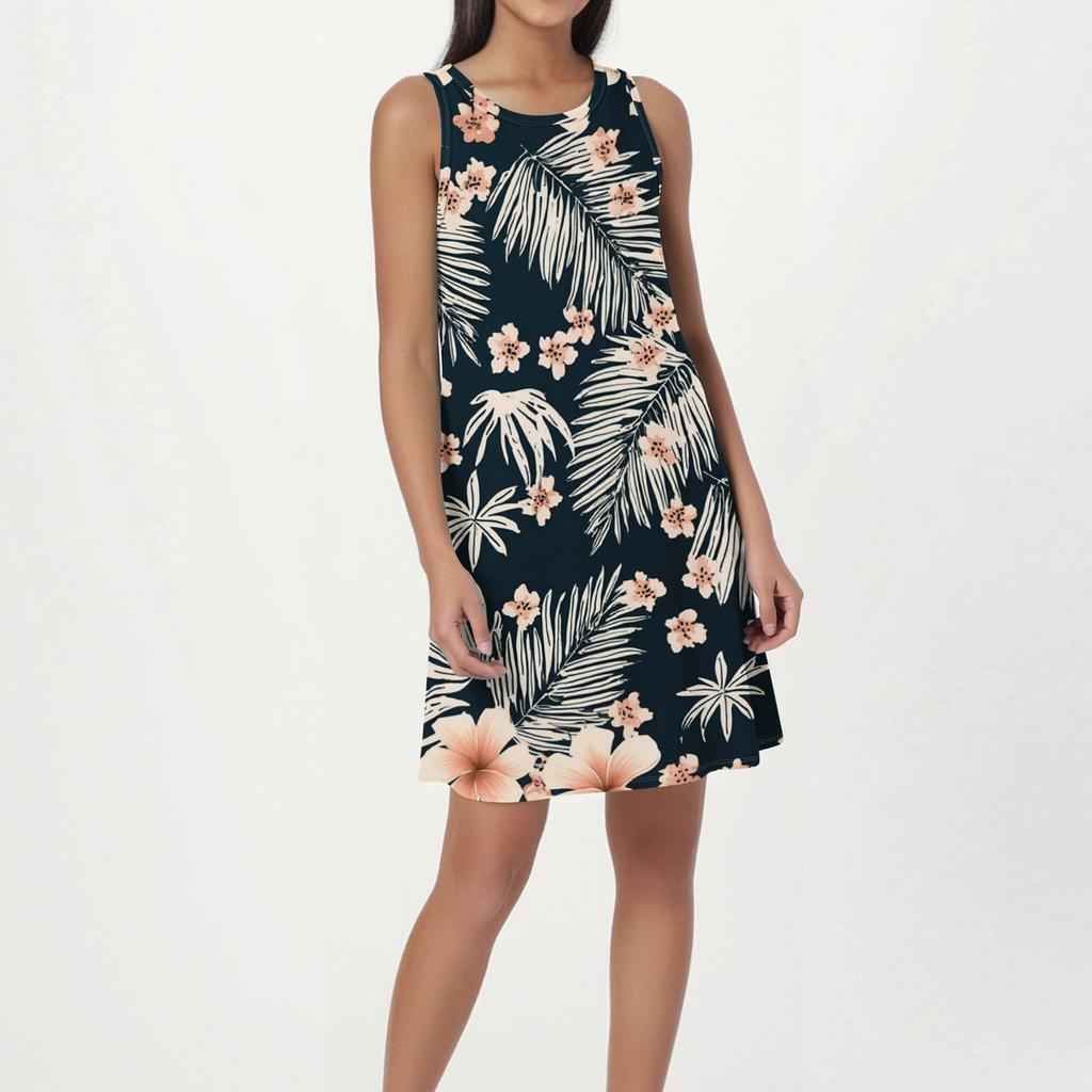Women's Fashion Beach Dress Sleeveless Round Neck Floral Print Dress