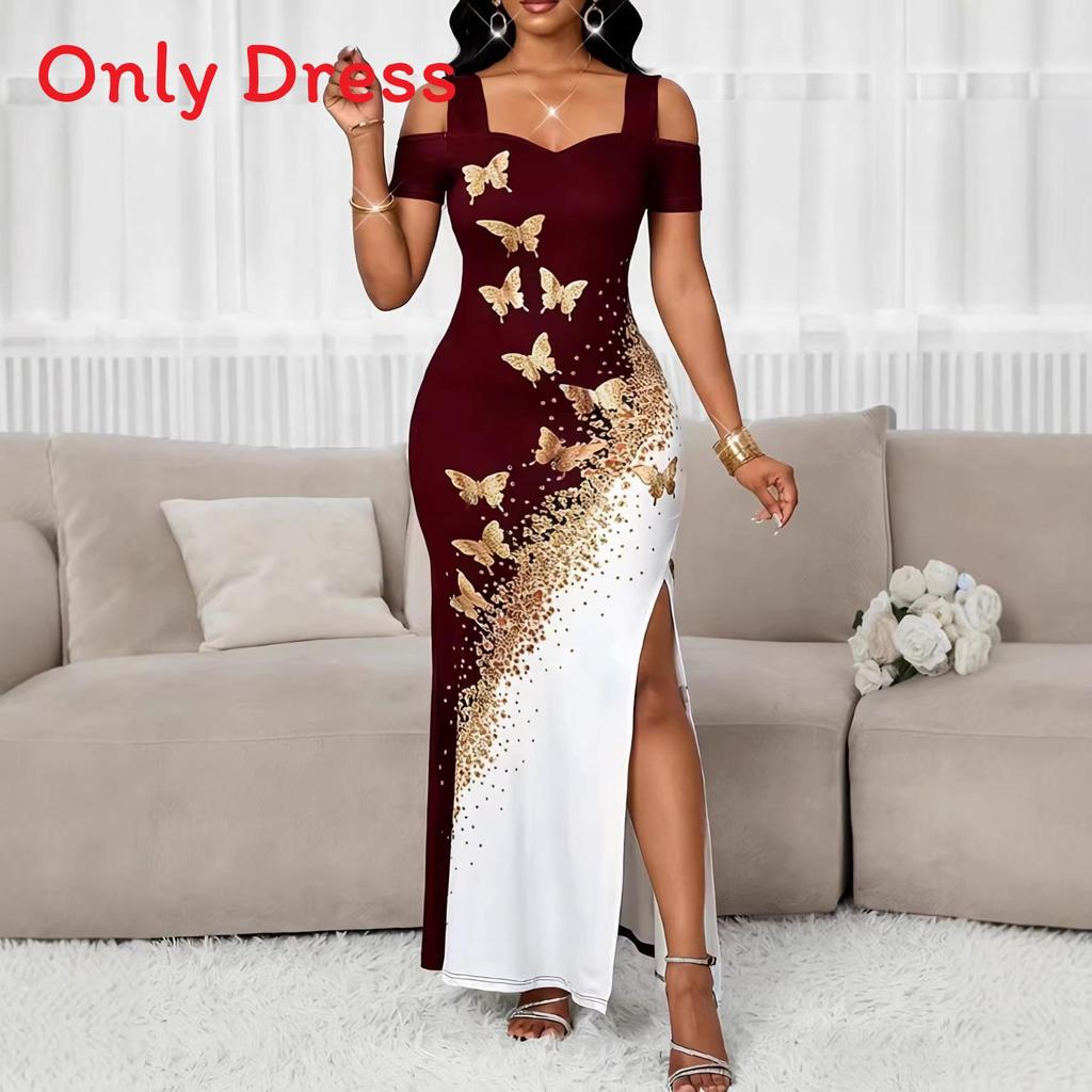 Elegantes Slip-Kleid mit Schmetterlingsdruck und Schlitz für Urlaub und Strandmode