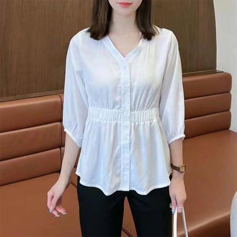 

Large size women s clothing summer loose seven-quarter-sleeved shirt women s fat mm high-end thin belly cover waist short-sleeved top M (85-50 kg) белый
