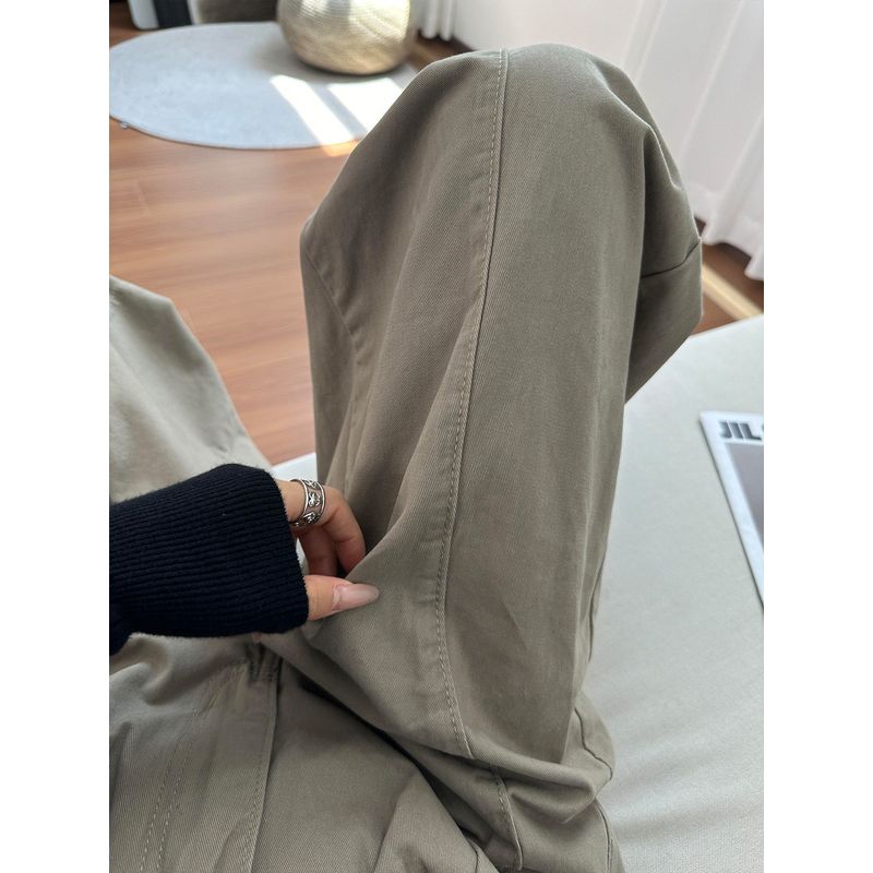 Khaki American-Style Straight-Leg Curved Pants for Women, Summer Thin Plus-Size Slimming Wide-Leg Casual Cargo Pants