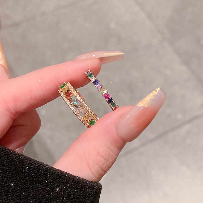 High-End Retro Rainbow Gemstone Zircon Open Ring - Women's Pinky Diamond Ring
