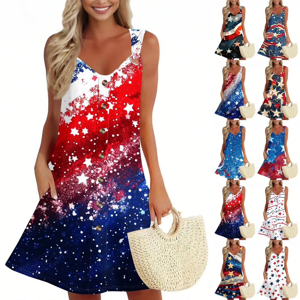 Women's Summer Dress Sleeveless Independence Day Print Sundress With Pocket