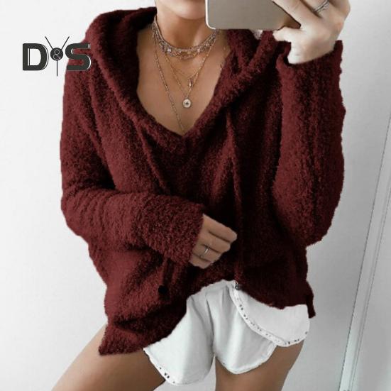 Auutmn Winter Women Hoodie Drawstring Hooded Thick Fuzzy Long Sleeves Solid Color Loose Heat Retention Pullover Casual Wear Sport Top