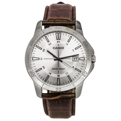 Standard Analog Brown Leather Strap Silver Dial Quartz MTP-V004L-7C Men's Watch