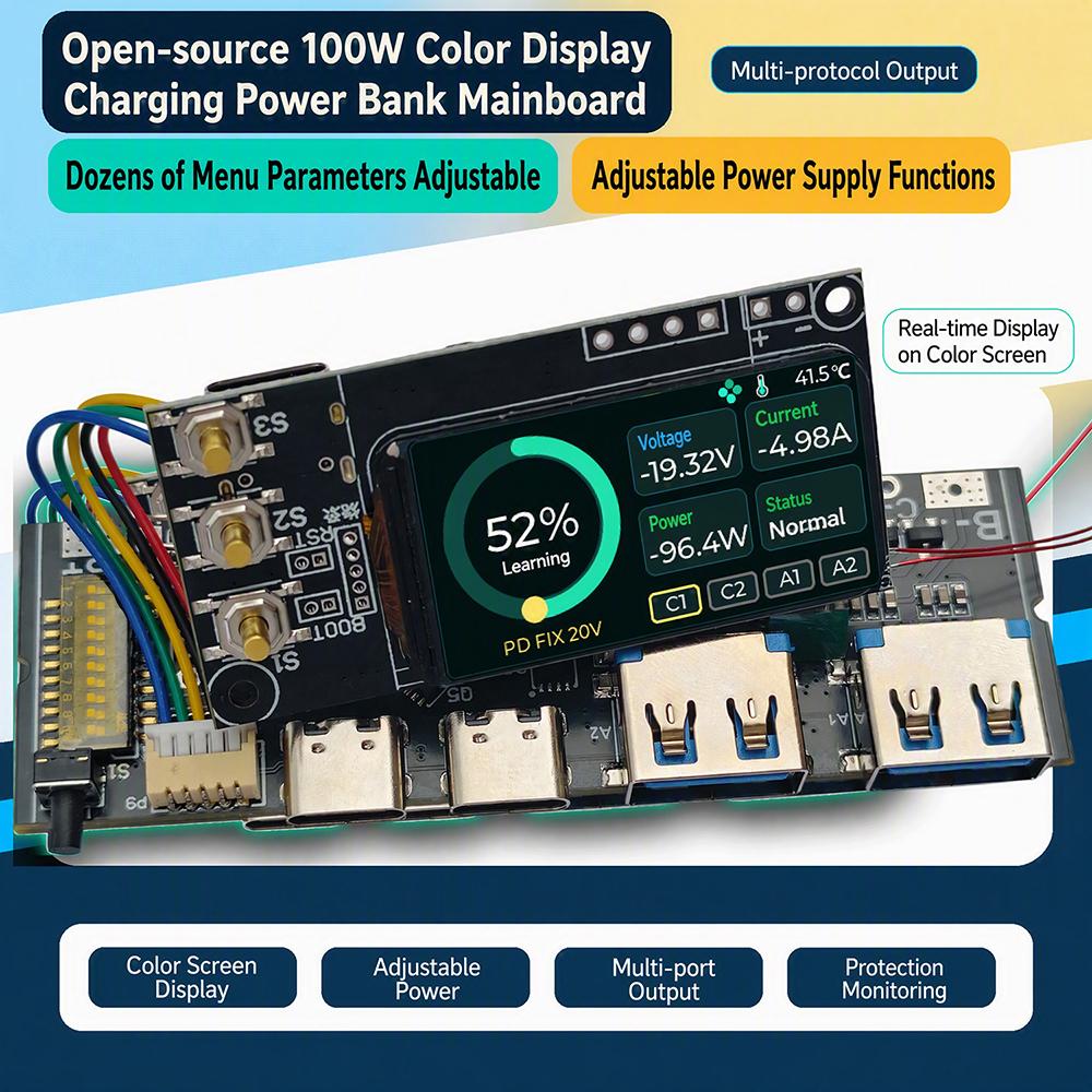 3~5S Power Bank DIY Mainboard PD 100W Bidirectional Fast Charging Module 1.47In TFT Color Screen For Charger Electronic DIY Kit