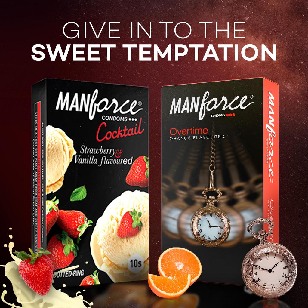 Manforce Cocktail Strawberry and Vanilla & Overtime Orange Flavoured Condoms for Men| 20 Count (Pack of 2)| With Dotted Rings| Lubricated Latex C