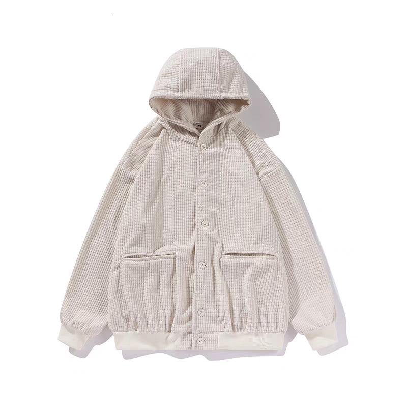 Unisex Japanese Retro Waffle Knit Hooded Cardigan - Loose Fit Solid Color Autumn/Winter Casual Jacket