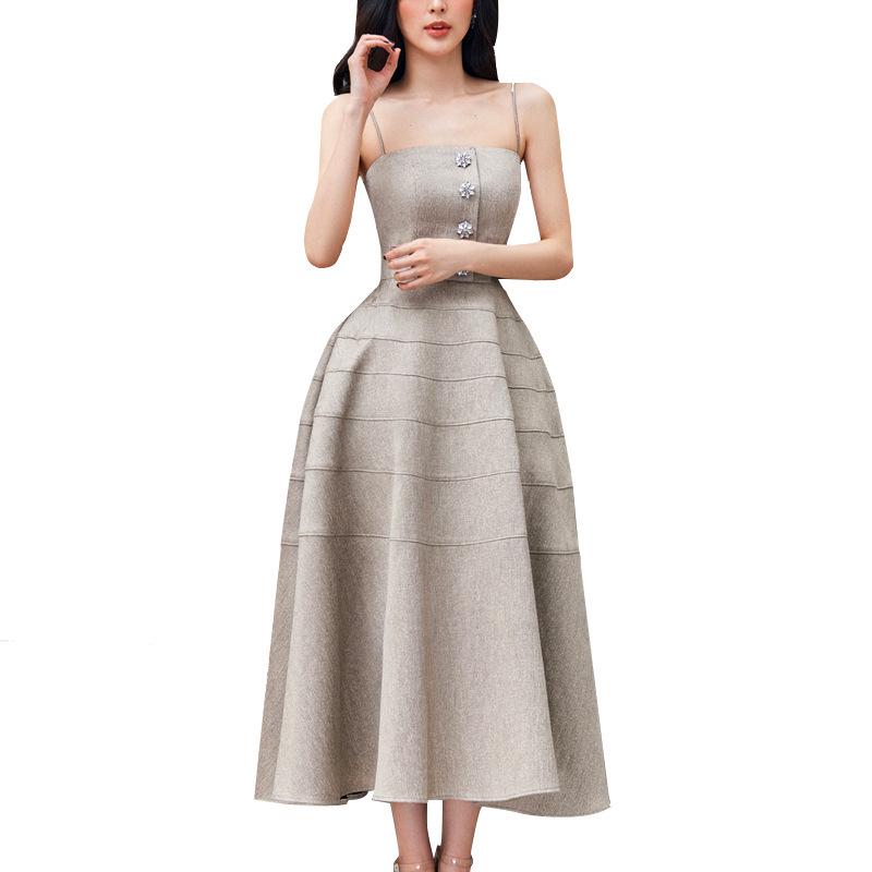 

Thai Trendy Women s Summer A-Line Waist-Cinched Elegant Camisole Dress XS бежевый