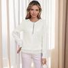 Women Tops Round Neck Zipper Half Placket Long Sleeve Pullover Tops Solid Color Shiny Sequins Loose Fit Blouse