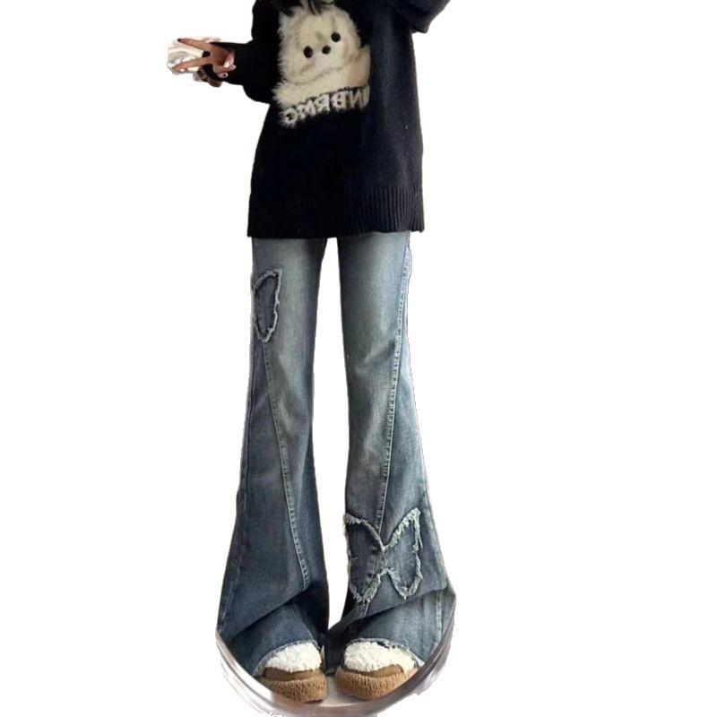Petite Women's Butterfly Embroidered Micro-Flare Jeans for Spring/Autumn, Plus Size Available