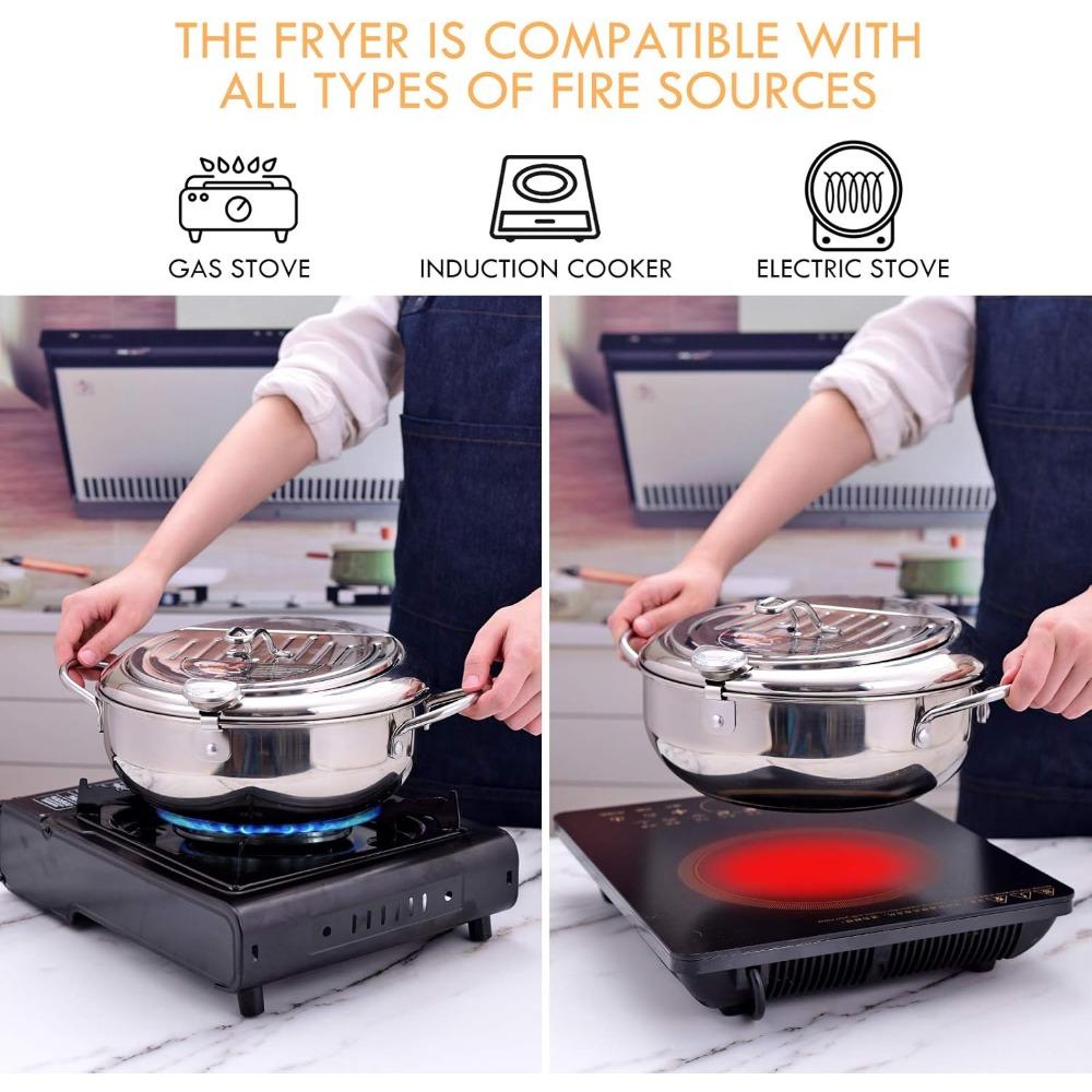 304 Stainless Steel Deep Fryer Pot with Lid Tempura Fry Pot Tempura Deep Fryer with Thermometer Control and Oil Drain
