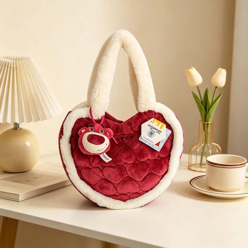 Disney Toy Story Strawberry Bear Heart Shape Plush Shoulder Bag Soft and Fluffy Fashion Daily Casual Handbag