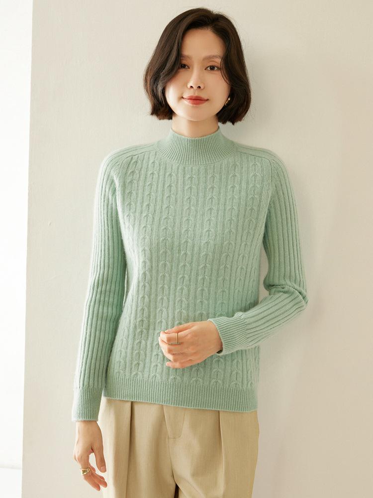 Women's Retro Cable-Knit Cashmere Half-Turtleneck Sweater - Autumn/Winter Base Layer, Solid Color