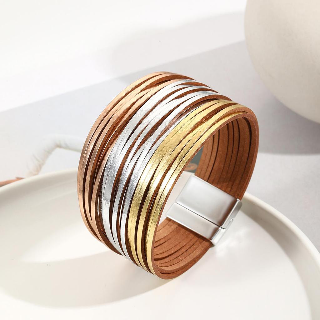 Gradient Multi-Strand Men's and Women's Bracelet with PU Leather Cord and Magnetic Clasp.
