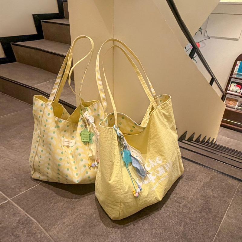 Red Casual Checked Canvas Bag Women's Large Capacity Letter Shoulder Tote Bag Double Sided Back Commuter Bag