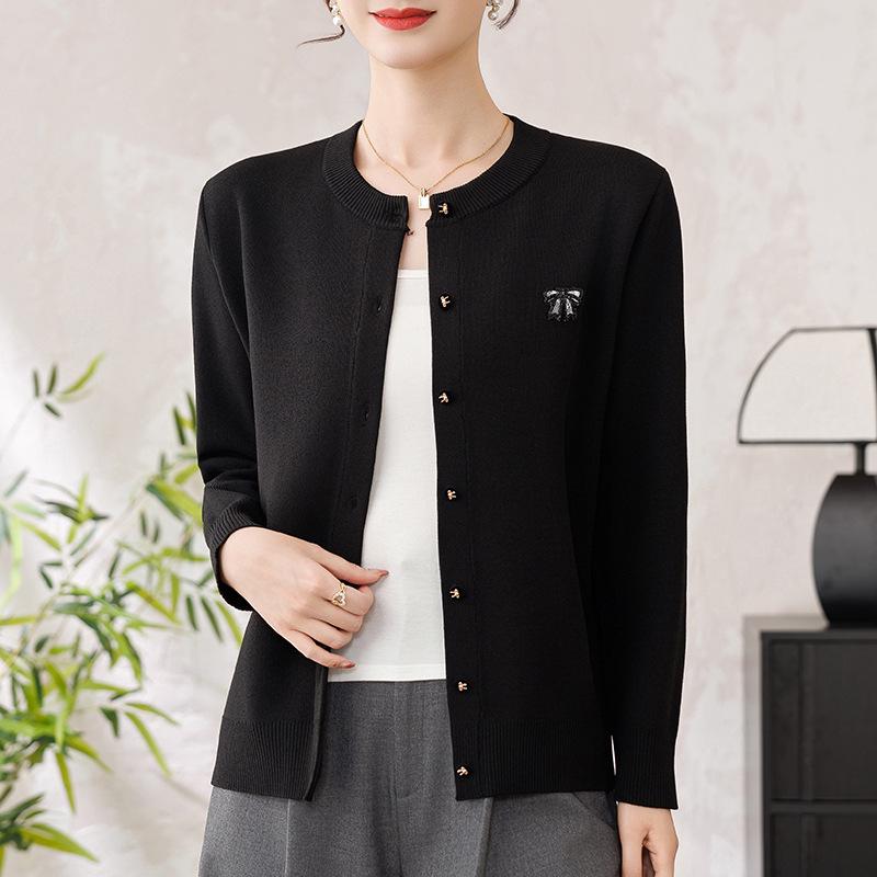 Spring Knit Top for Middle-Aged & Elderly Women - Round Neck Cardigan Sweater