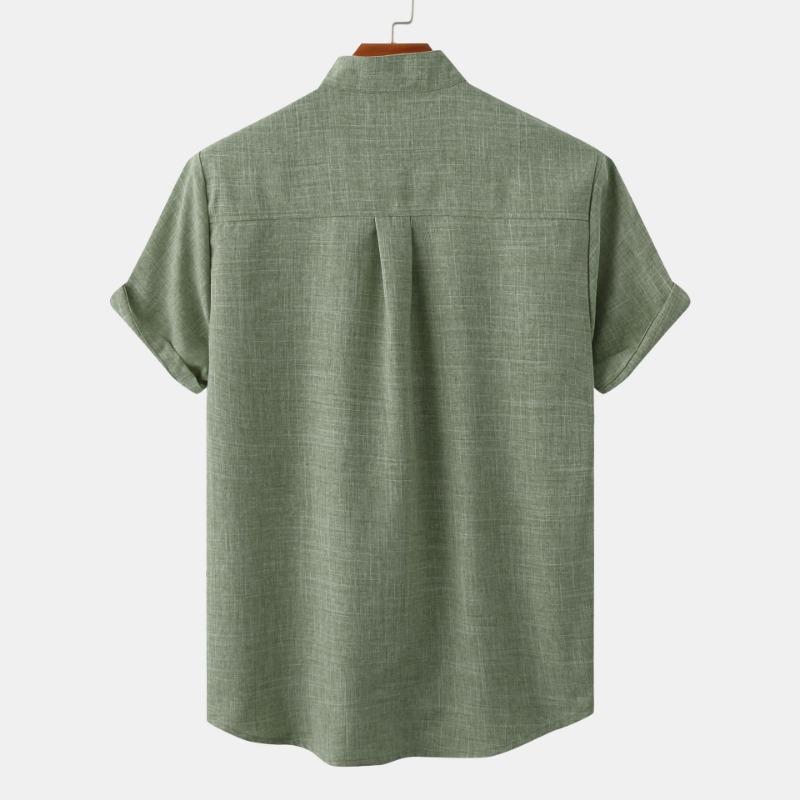 Men Stand Collar Half Placket Chest Pocket Short Sleeve Cotton Linen Shirt Solid Loose Breathable Casual Summer Blouse