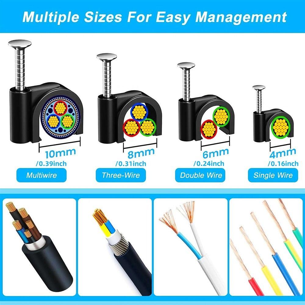 100Pcs/Set Plastic Metal Nail In Cable Clips Black Coaxial Cable Clamp  for Home Office Workshop